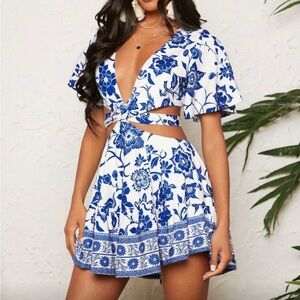 Floral Blue and White Wrap Dress, two piece